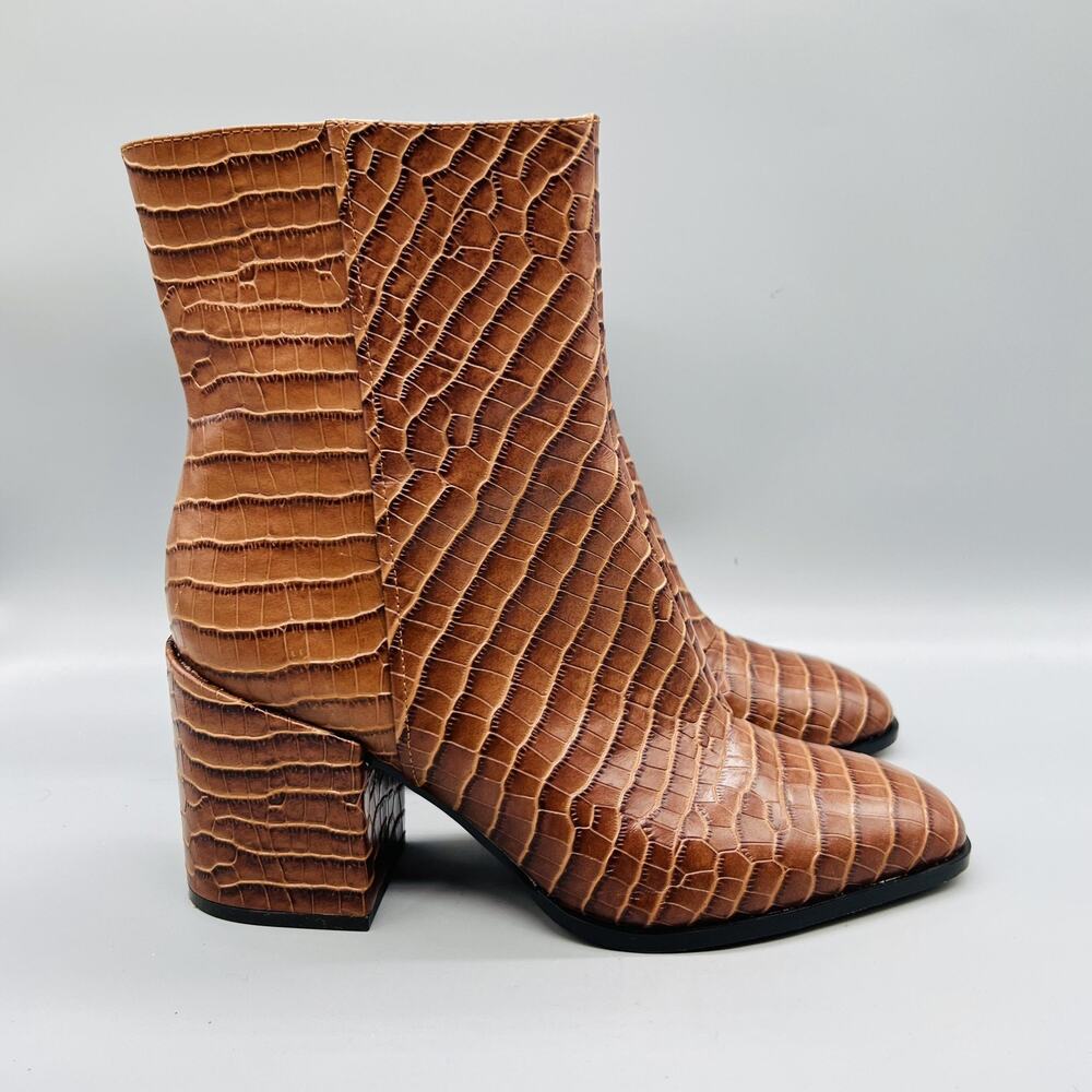 Vionic Boots Womens 10 Brown Leather Harper Croc Ankle‎ Zip Block Heel Booties